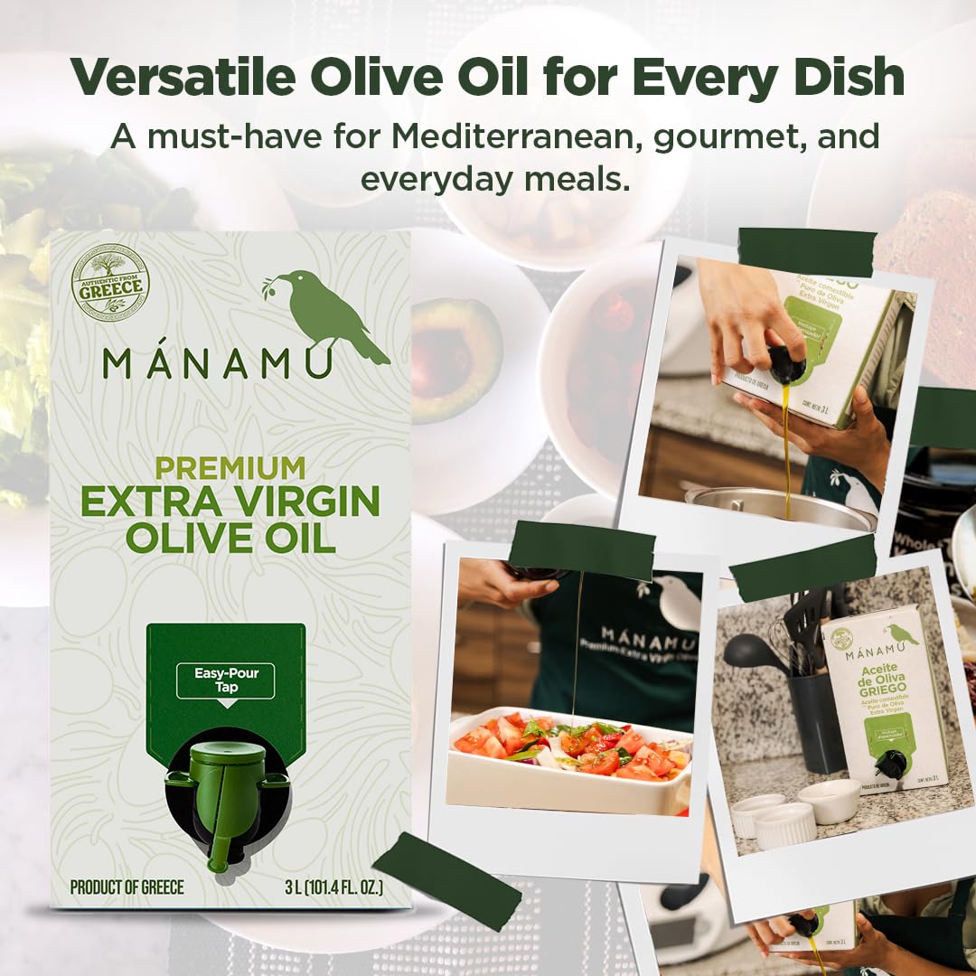 Mánamu Extra Virgin Olive Oil from Greece | Fresh Harvest 24-25 | 100% made with pure GREEK Koroneiki Olives | 100% PURE Cold Pressed | Low Acidity | Ecological Bag-in-Box 101.4 Fl Oz (3 Liter)
