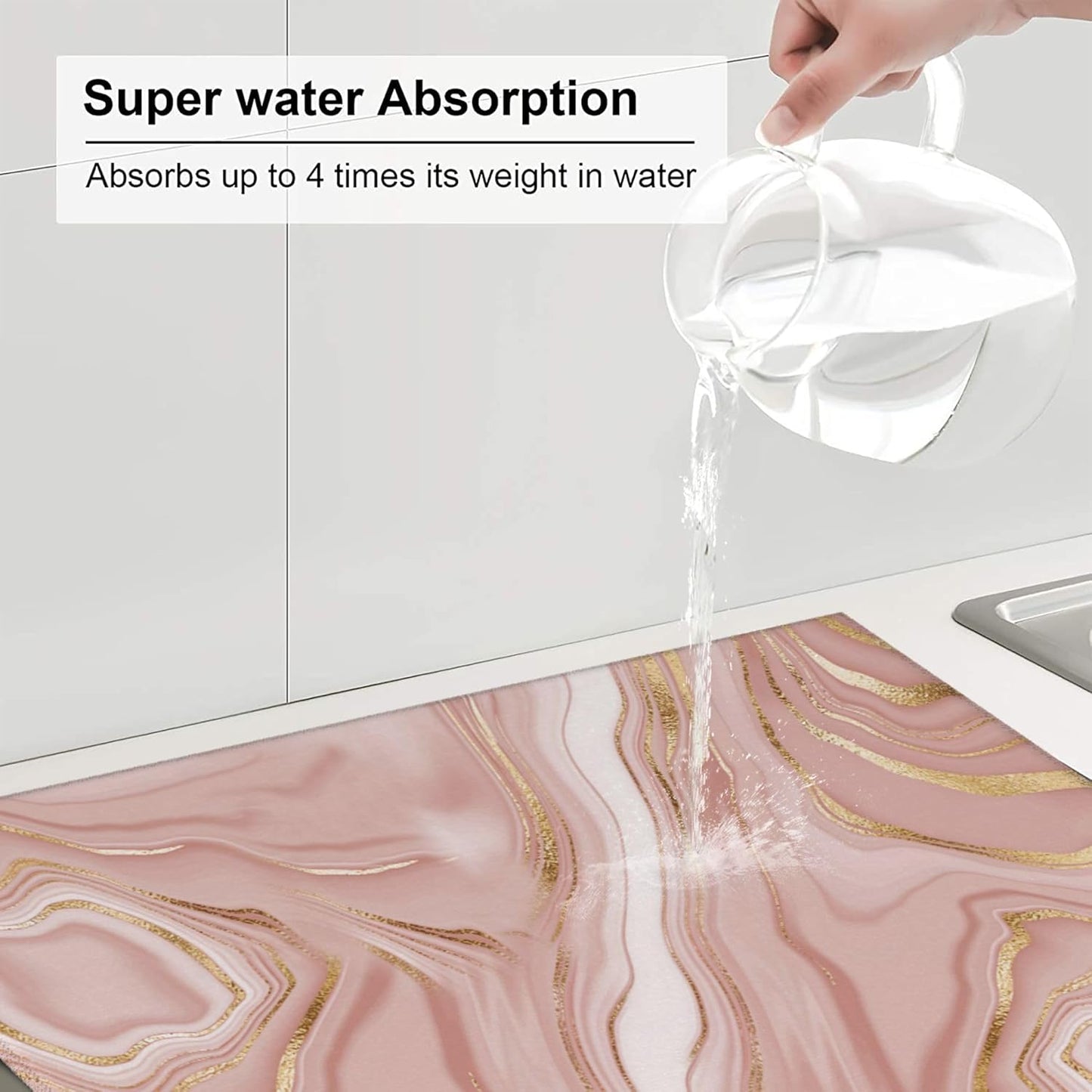 Pink Golden Marble Dish Drying Mat for Kitchen Counter Washable Absorbent Reversible Microfiber Rose Pink Modern Decorative Drying Pad Kitchen Accessories 16"x18"