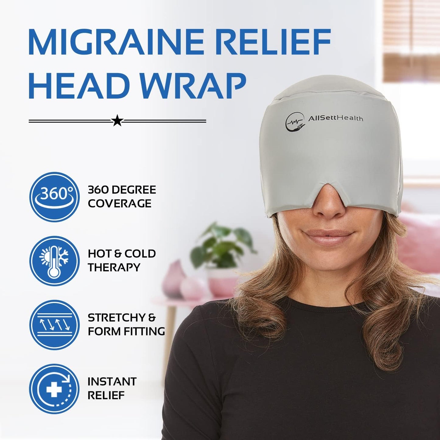 Migraine Relief Cap Ice Head Wrap Headache and Migraine Hat | Headache Relief with Hot/Cold Gel Head Ice Pack with Face and Eye Headache Mask Compress - Grey