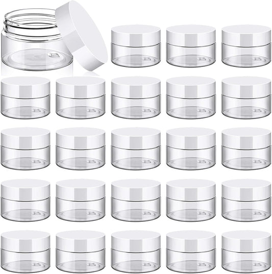 TUZAZO 24 Pack 1 Oz Small Plastic Container Jars with Lids and Labels BPA Free, Empty Round Clear Cosmetic Containers Plastic Slime Jars for Lotion, Cream, Ointments, Samples, Travel Storage (24)
