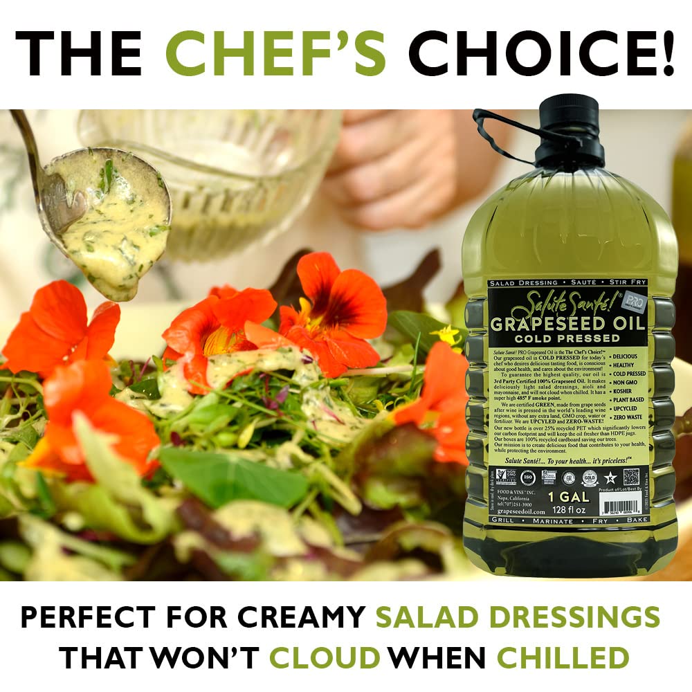 Cold Pressed Grapeseed Oil by Salute Sante! High Temperature Cooking, Healthy Grape Seed Oil, Non-GMO and Kosher for Salad Dressings, Marinades and Dips, Vegan, 1 Gallon