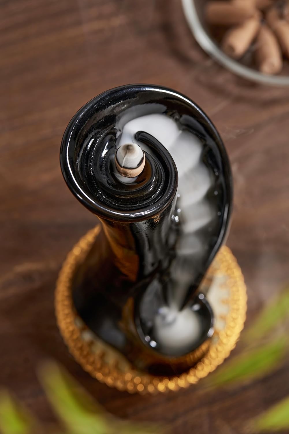 Unique Cloud Stairs Ceramic Waterfall Incense Holder, Paired with a Pack of Backflow Incense Cones. (Black)