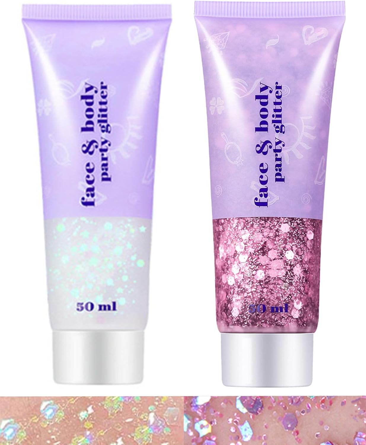 Go Ho Pink and White Body Glitter Set,Singer Concerts Face Glitter Gel Makeup,Holographic Long Lasting Chunky Sequins Glitters for Eye Lip Hair Nails,Festival Rave Accessories,White&Pink