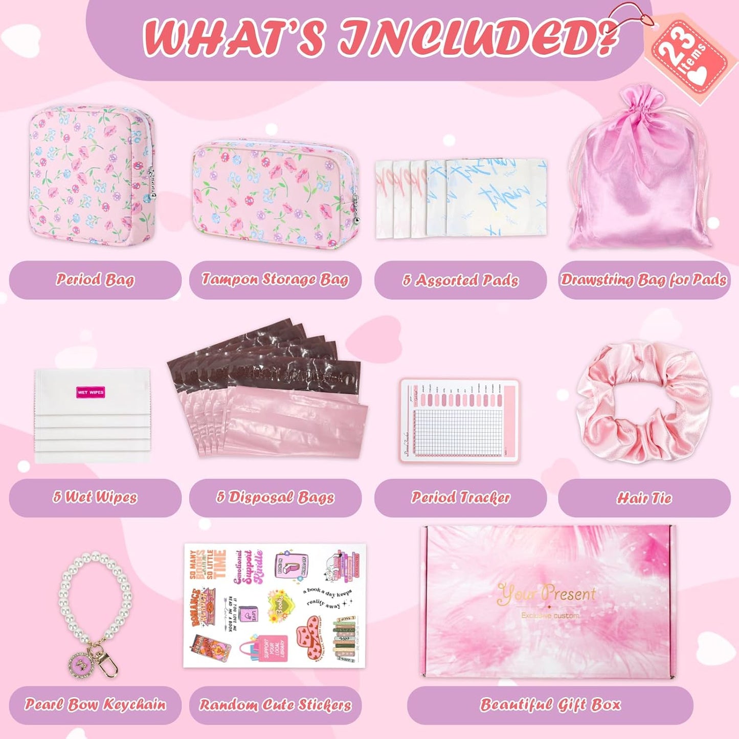 Desing Wish 22 PCS First Period Starter Kit Gift for Teen Girls Period Bags for Teen Tweens Girls with Sanitary Pad Storage Bag, Wipes, Menstrual Tracker, Disposal Pouches and More (Pink Floral)
