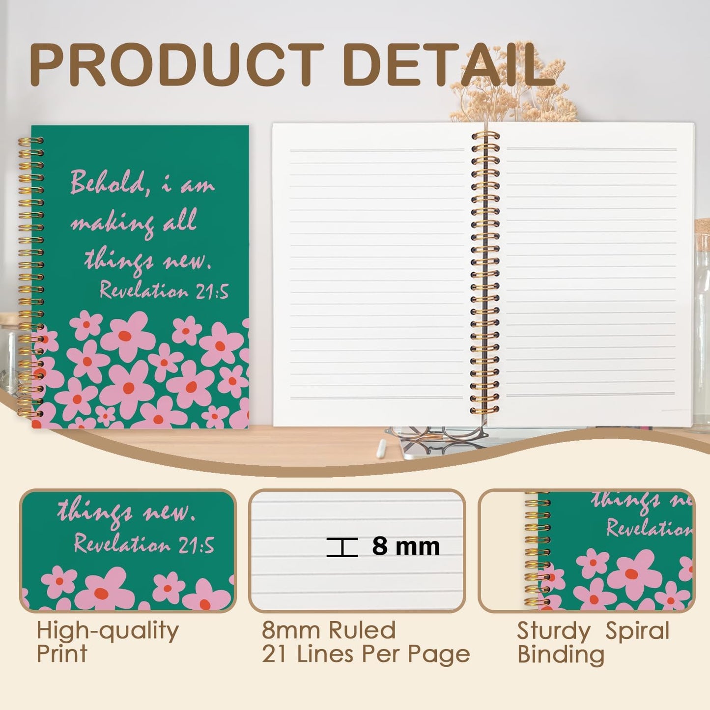 Inspirational Green Floral Christian Spiral Journal Notebook 5.5x8.3in, Prayer Bible Journal for Woman, Revelation 21:5 Bible Notebooks for Note Taking, Religious Hardcover Notebook