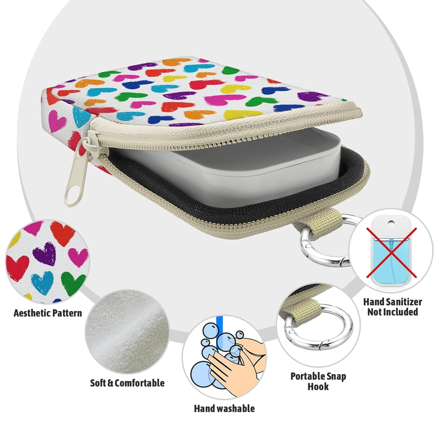 Love Heart Hand Sanitizer Spray Case, Hand Sanitizer Holder Zippered Pouch, Cute Fashion Accessory with Snap Hook for Glow Mist and Power Mist 1FL OZ