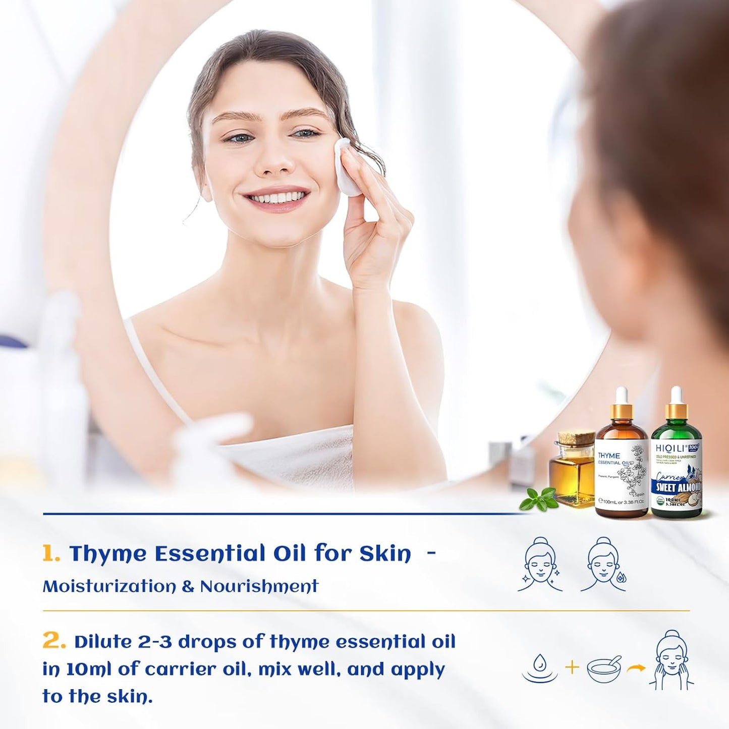 HIQILI 3.38 Fl Oz Thyme Essential Oil, 100% Pure Undiluted for Hair, Skin, Diffuser, Aromatherapy, Includes 10ML Travel Bottle - 100ML