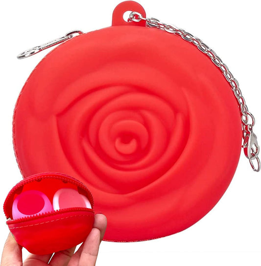 Menstrual Period Cup Case Storage Bag | Rose Design + Silicon Material | Easy to carry, clean, and use | Metal Chain attached | Multi-use for any small items - Red