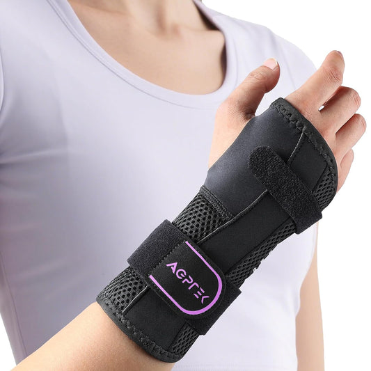 AGPTEK Carpal Tunnel Wrist Brace for Men Women, Night Sleeping Wrist Support with 2 Splints, Pain Relief Hand Brace for Arthritis Sprains Tendonitis, Adjustable Wrist Splint for Right Hand (L/XL, Black & Purple)