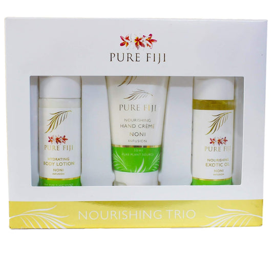 Pure Fiji Nourishing Trio, Ideal Spa Bath Gift Set for Women - Travel Kit - Includes Exotic Body Oil, Hydrating Body Lotion For Women and Nourishing Hand Cream, Noni Scent