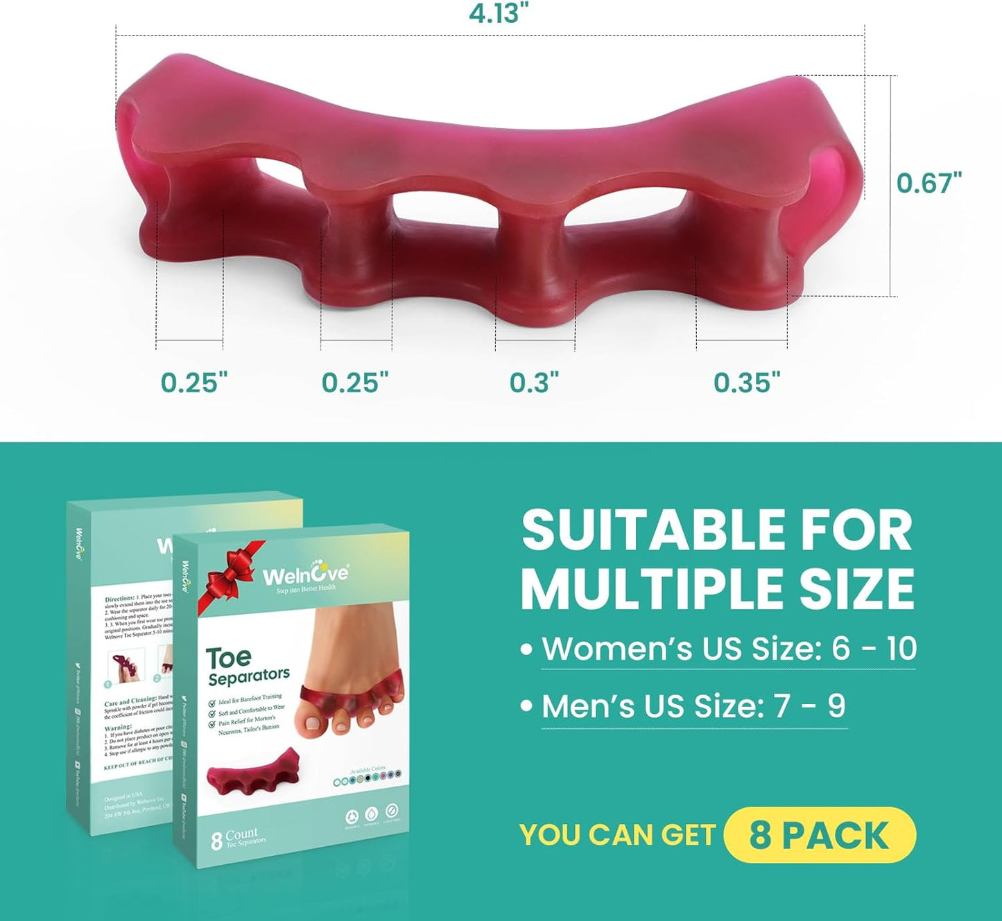 Welnove Toe Separator Bunion Corrector - 8 Pcs Gel Toe Straightener to Restore Hammertoes to Their Original Shape for Women Men, Toe Spacers for Gifts (Deep Red)