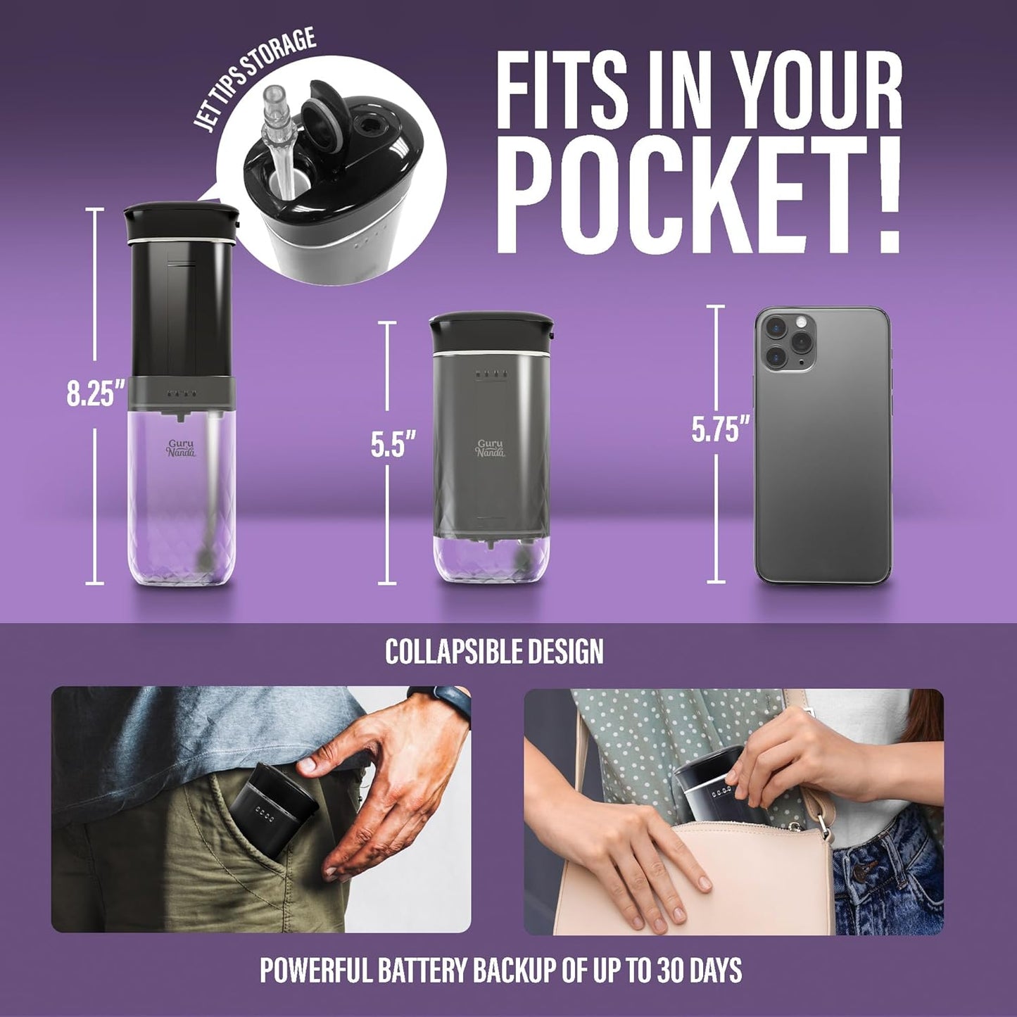 GuruNanda Compact Water Dental Flosser, Portable Travel Size Oral Irrigator Flosser with Collapsible 180 ml Tank, Smart Timer, 4 Flossing Modes, TSA-Approved - Black