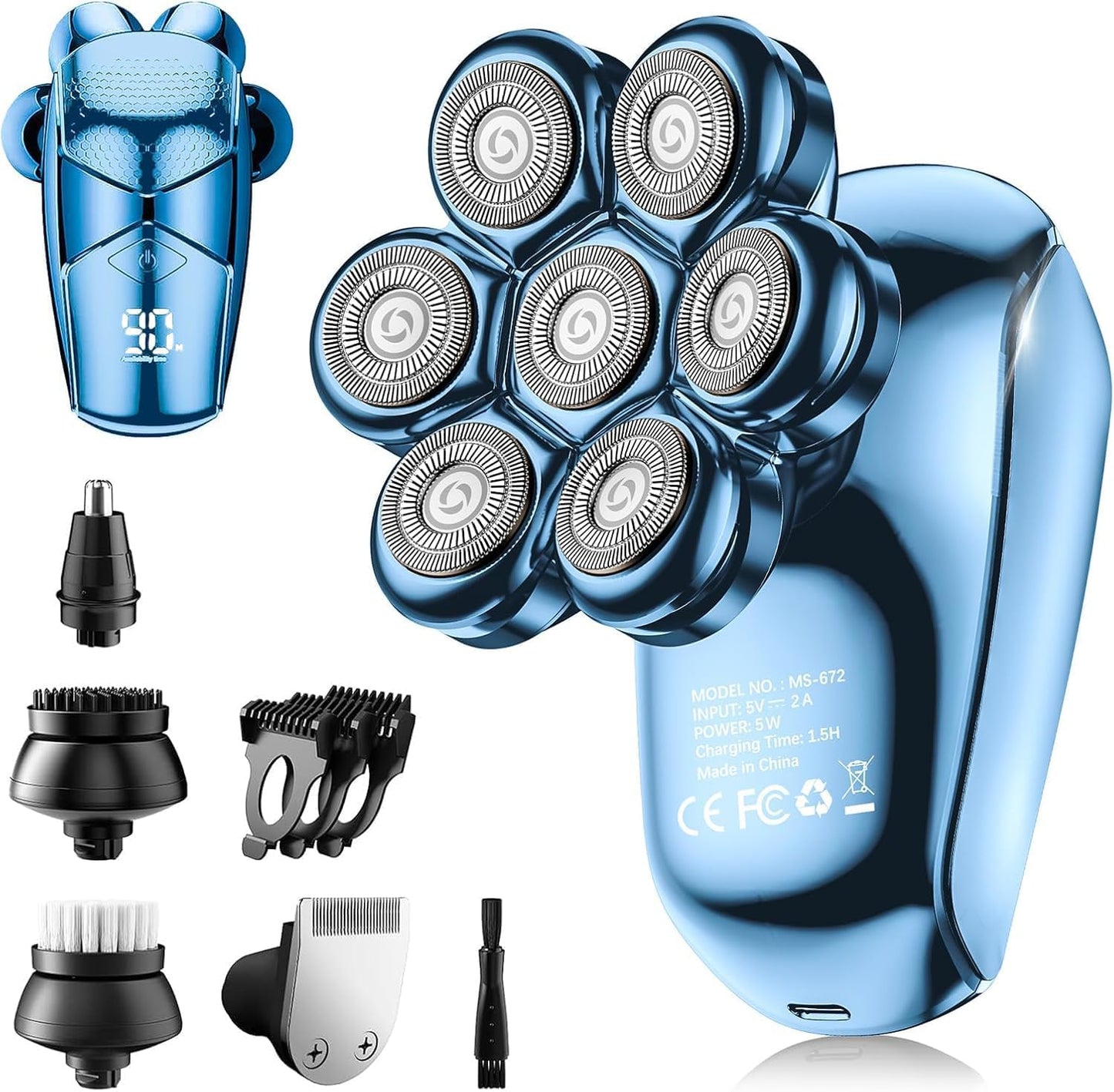 SHPAVVER Head Shavers for Bald Men: 5-in-1 Electric Razor - IPX7 Waterproof Shaving Grooming Kit for Balder - Turbo Speed & Precision Blades (Dark Blue)