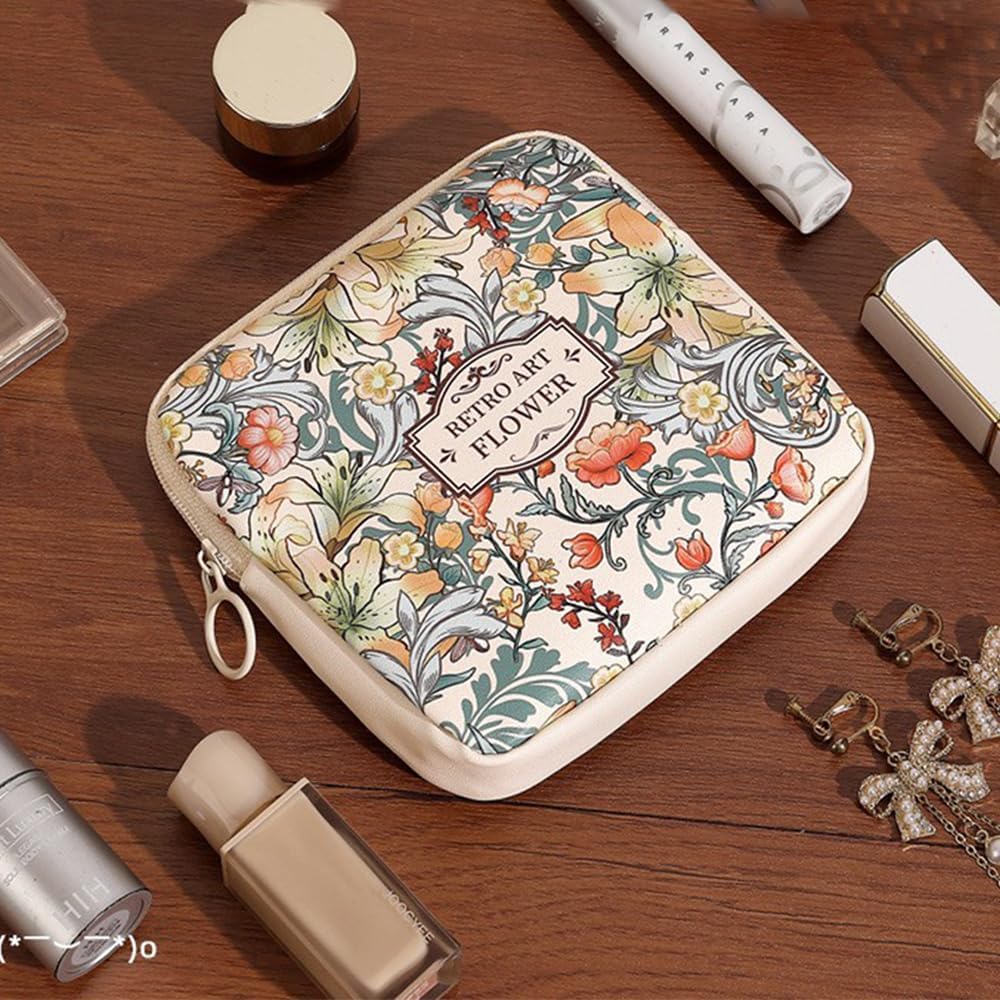 Sanitary Napkin Storage Bags,Portable Menstrual Cup Nursing Pad Tampon Storage Pouch,Leather Oil Painting Flower Travel Makeup Bags Coin Purse Sundries Pouch with Zipper