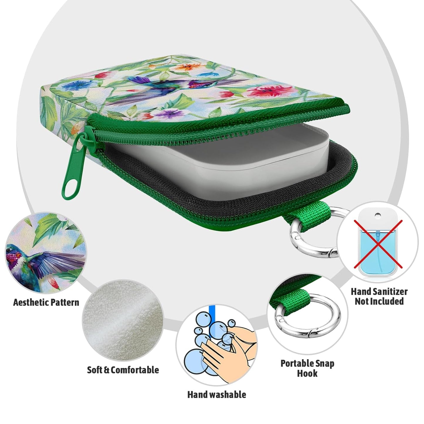 Hummingbird Hand Sanitizer Spray Case, Cute Hand Sanitizer Holder Zippered Pouch, Fashion Accessory with Snap Hook for Glow Mist and Power Mist 1FL OZ