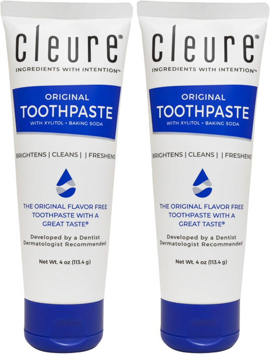 Cleure Original No Fluoride Toothpaste - SLS Free, Mint Free - with Xylitol for Fresh Breath & Helps Whiten - for Kids & Adults - Flavor Free (4oz Tube, Pack of 2)