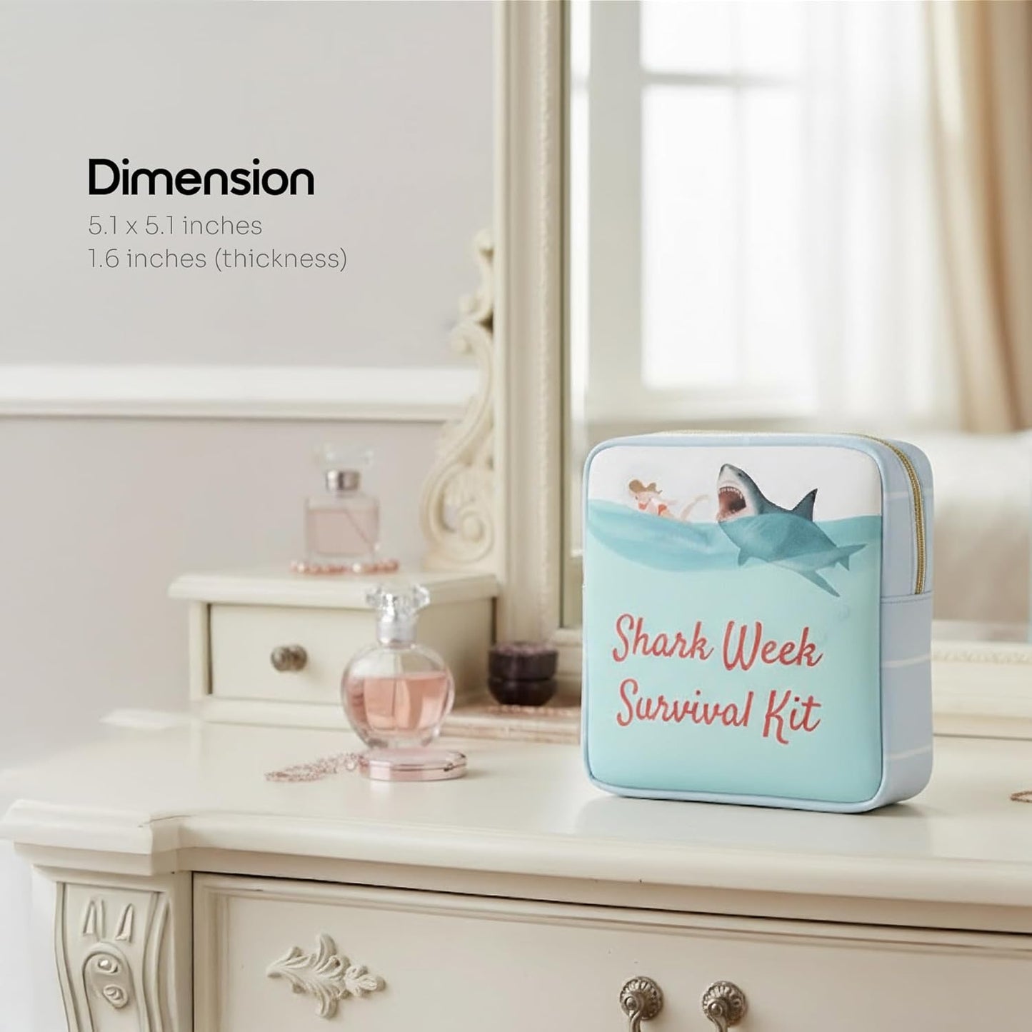 Primo Lines Period Bag for School – Compact Discreet Tampons & Pad Pouch with Waterproof Lining, Cute & Stylish Period Pouches for Teen Girls for School and Travel, First Period Kit (Shark Gifts)