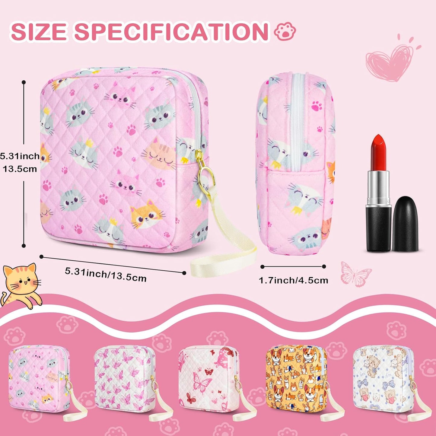 Tampon Holder for Purse, Quilted Period Bag Sanitary Napkin Storage Bag for Girls Womens, Portable Feminine Emergency Pad Period Pouch(Pink Cat)