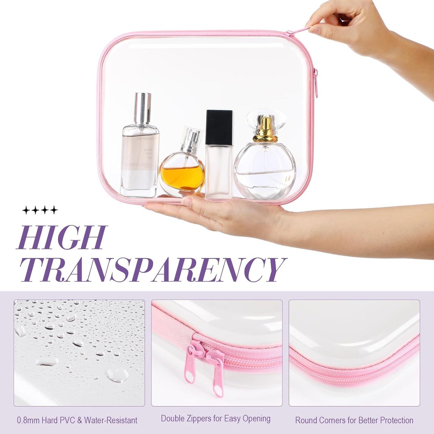 Hoolerry 4 Pcs Hard Clear Zipper Case Makeup Bags Plastic Pencil Pouch Transparent Storage Box Containers for Cosmetics, Snacks, Building Blocks, Puzzles(Multicolor,9.8 x 7.9 x 2 in)