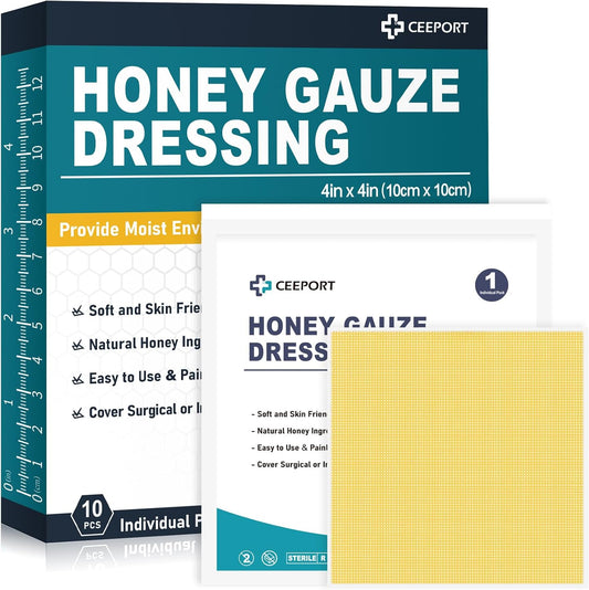 Honey Gauze Wound Dressing, 4" x 4" Manuka Honey Wound Care, Medical Grade Honey Bandages for Wound Care, Honey Patch for Faster Healing from Burns, Abrasions, Cuts and Scalds (Pack of 10)