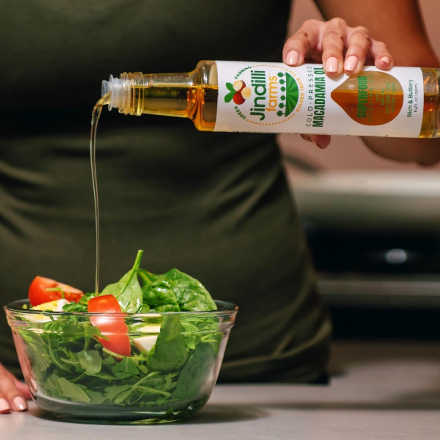 Jindilli Farms Macadamia Nut Cooking Oil- Australian Pure Cold Pressed Oil, Unrefined, Natural, High Smoke Point for Frying, Non GMO, Vegan, Keto Friendly and Gluten Free (8.5 fl oz)