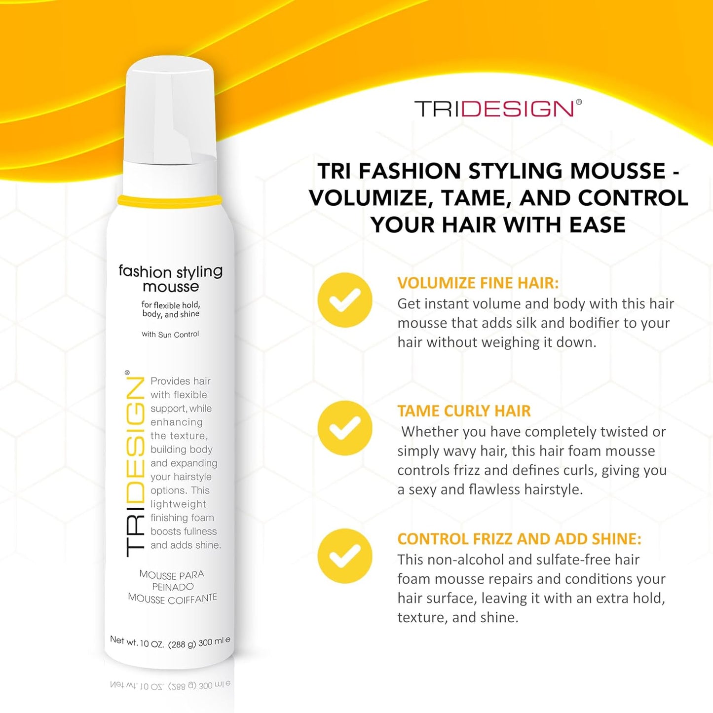 TRI Fashion Styling Mousse - Wavy Hair Volumizer & Curl Tamer with Frizz Control, Shine & Styling Options for Women, Hair Foam - 10 Ounce