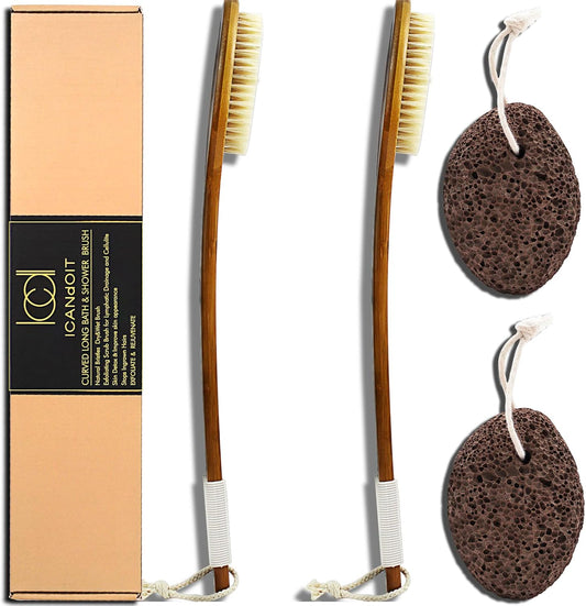 ICANdOIT-17.71Inch Natural Boar Bristles Anti-Slip Long Handle Bath Brush,Bent Handle Shower Scrubber for Exfoliating,Shower Back Brush,Exfoliation Set with Pumice Stone(2 Pack)