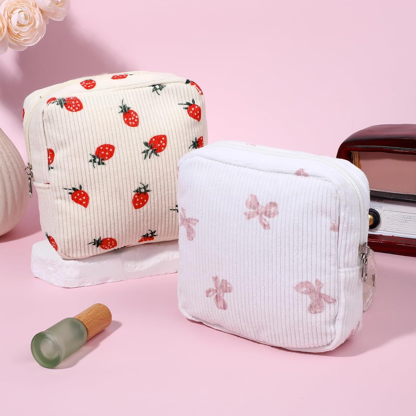 2 Pack Period Bag, Corduroy Cute Sanitary Napkin Storage Bag for Girls Women, Menstrual Pad Pouch Tampon Holder for Purse, Small Make Up Bags