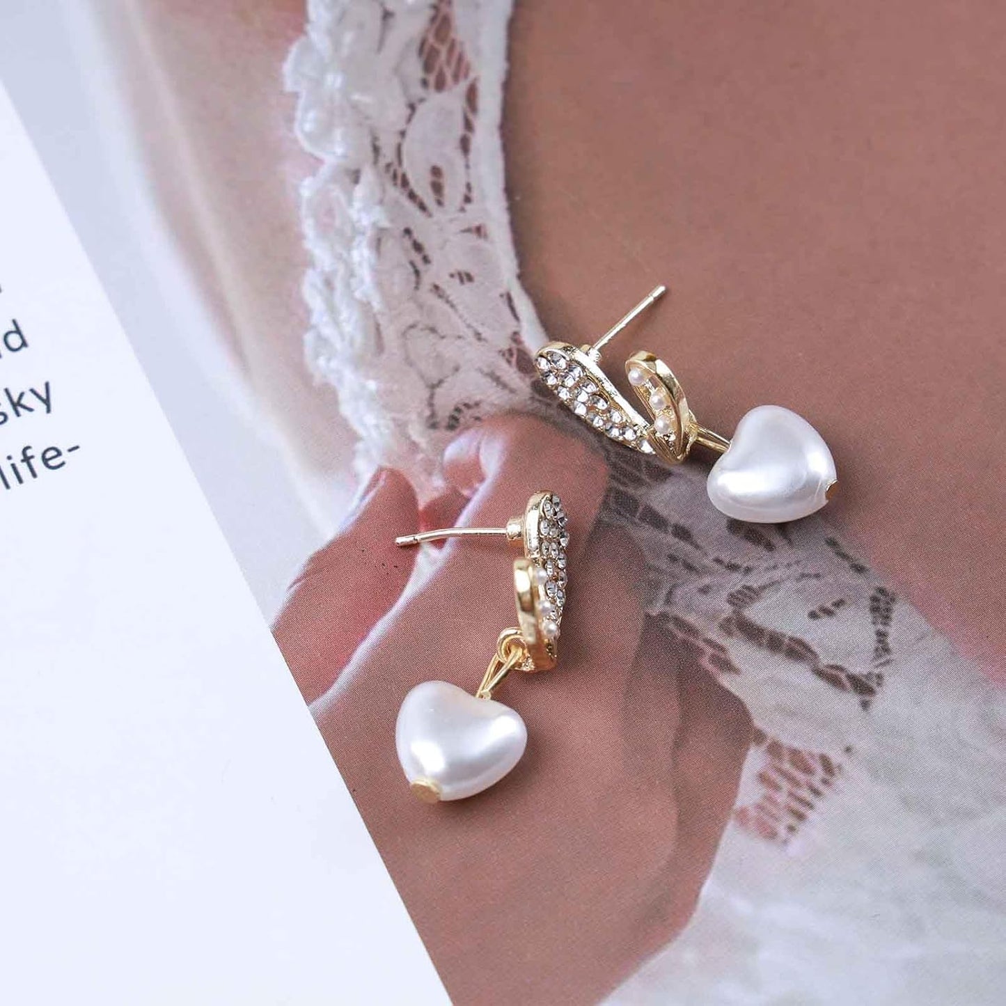 Vintage Pearl Heart Drop Earrings Rhinestone Pearl Stud Earrings Gold Cz Pearl Heart Earrings Crystal Heart Dangle Earrings Jewelry for Women