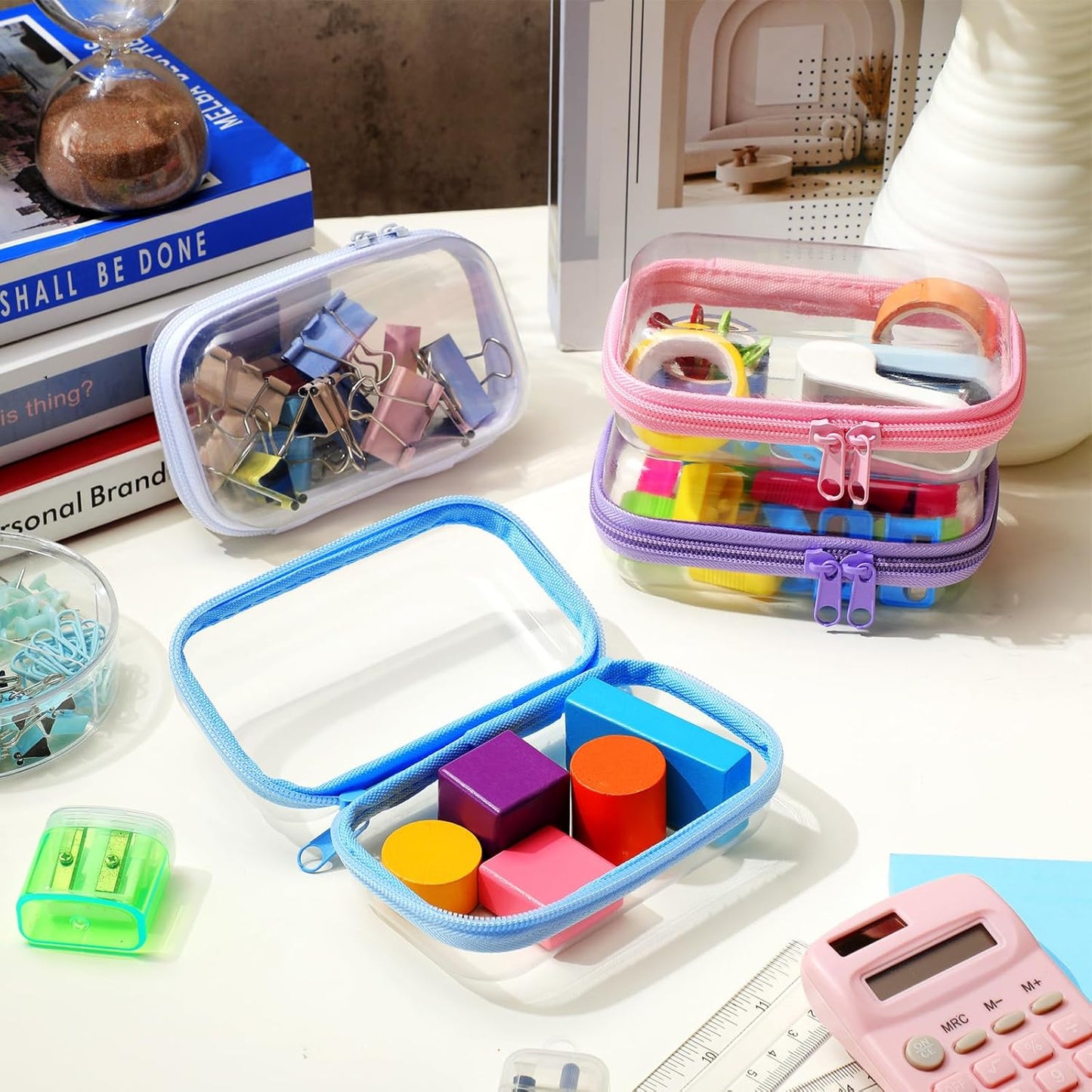 Hoolerry 4 Pcs Hard Clear Zipper Case Makeup Bags Plastic Pencil Pouch Transparent Storage Box Containers for Cosmetics, Snacks, Building Blocks, Puzzles(Multicolor,5 x 3 x 2 in)