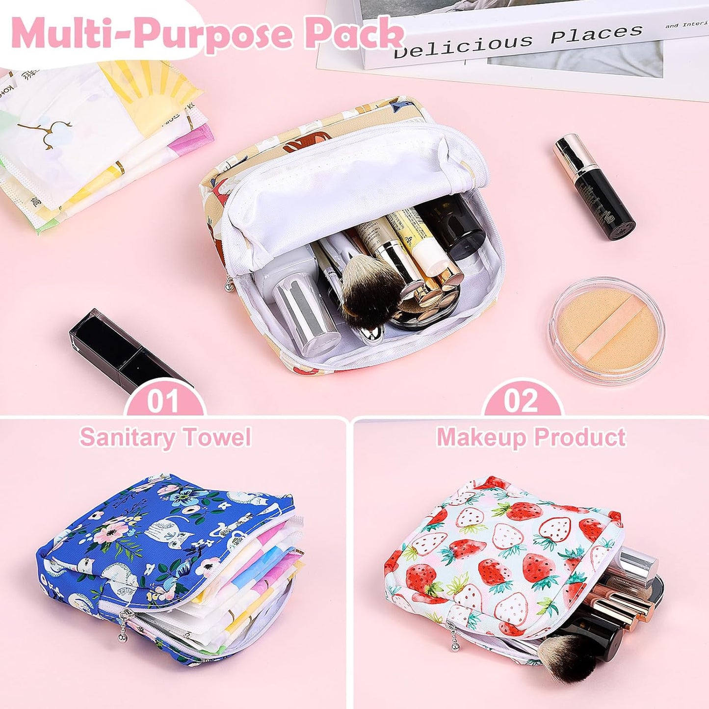 Desing Wish Period Bag Pouch Soft Cloth Sanitary Napkin Storage Bag Portable Menstrual Pad Pouches Tampon Holder for Purse First Period Kit for Girls 9-12 (Multi-Pose Cats)