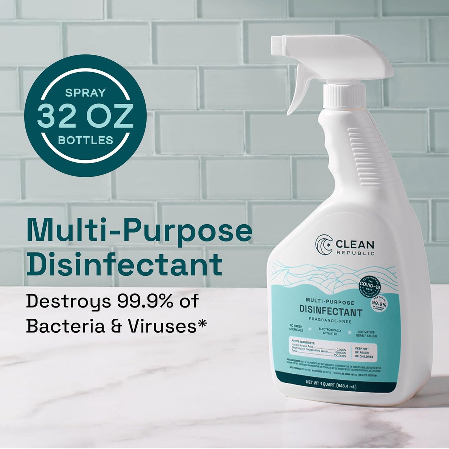 Clean Republic Multi-Purpose Disinfectant, Cleaning Spray, 32 Fluid Ounce Bottle, 4-Pack