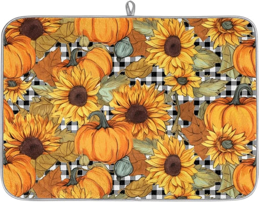 Hexteria Dish Drying Mat for Kitchen Counter Absorbent Microfiber Kitchen Drying Mat Summer Pumpkin and Sunflower Dish Drainer Rack Mat Heat Resistant 18 x 24