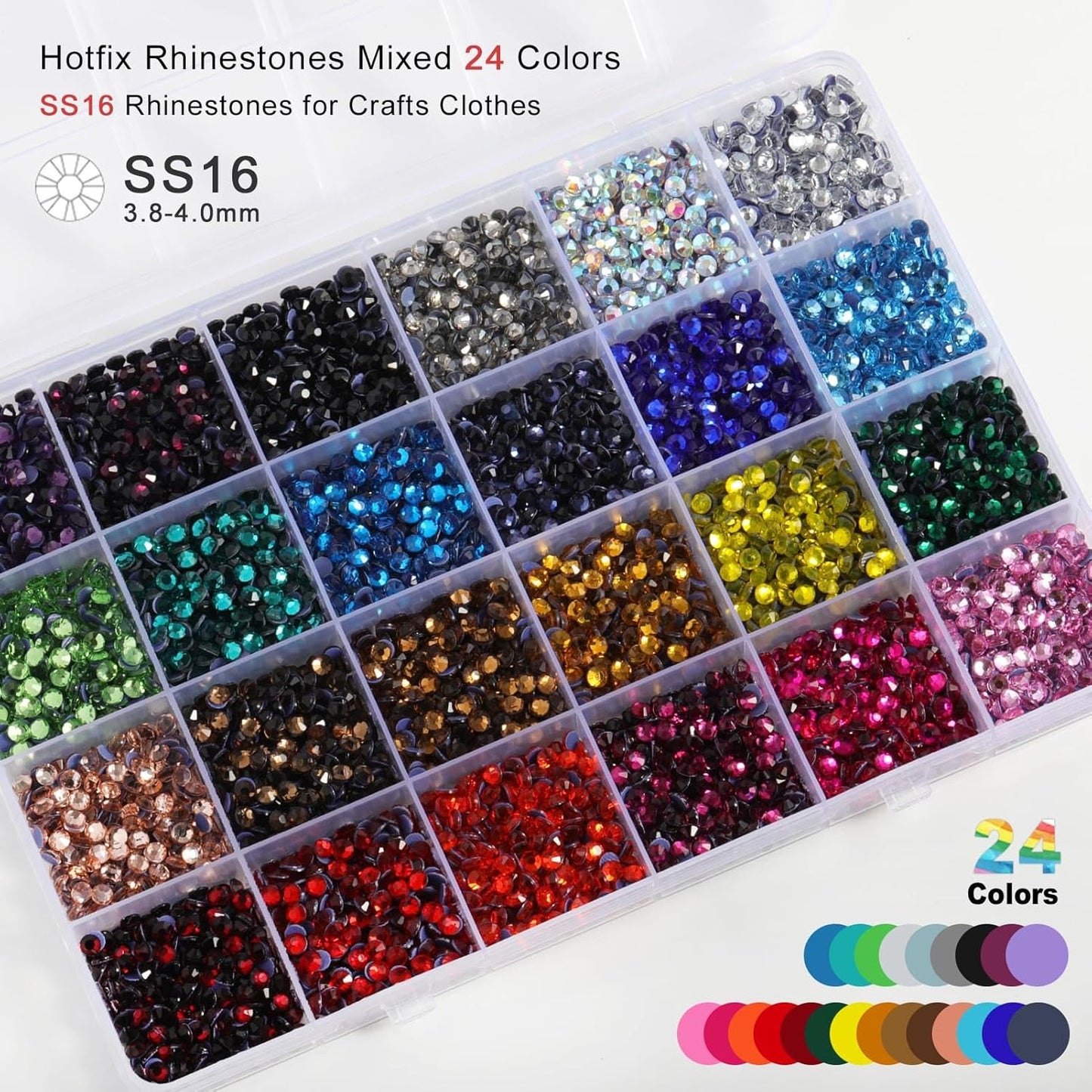 Hotfix Rhinestones Mixed 24 Colors, SS16 Rhinestones for Crafts Clothes, Hotfix Crystals with 1 Tweezers, 1 Wax Pencil and 1 Spoon