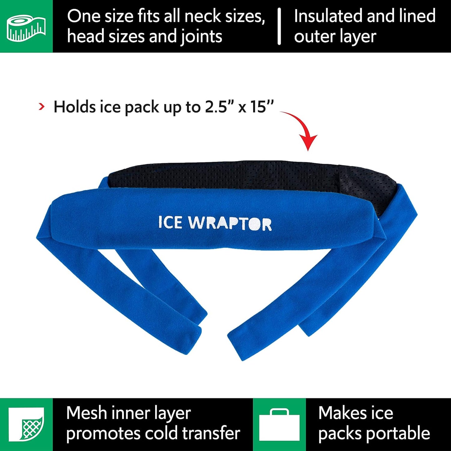 Ice Wraptor Bandana + 4 inserts:Just Add Water & freeze. Keep Neck, Head, oints Cool. Portable Ice Therapy for Pain Relief.Adjustable, Lightweight Comfortable- w/ 5 2.5"x15" Reusable Cryosheet Inserts