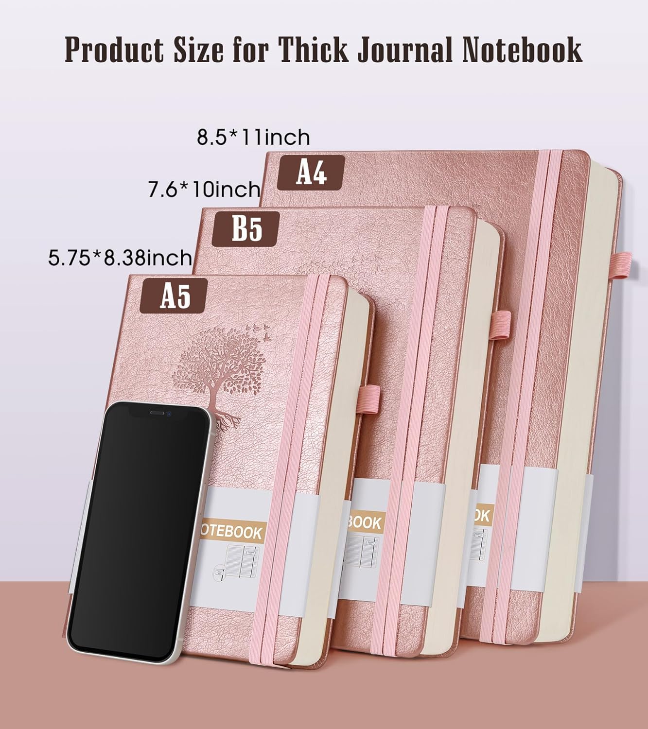 Lined Journal Notebook, 365 Pages B5 Large Journals for Writing Ruled Notebook, Pink Hardcover Leather Journals for Women Men, Daily Notebook for Work, Note Taking, 100Gsm Thick Paper( 7.6'' X 10'' Rose Gold)
