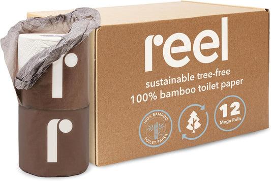 Reel Premium Toilet Paper - 12 Rolls of Toilet Paper - 3-Ply Made from Tree-Free - Zero Plastic Packaging, Septic Safe