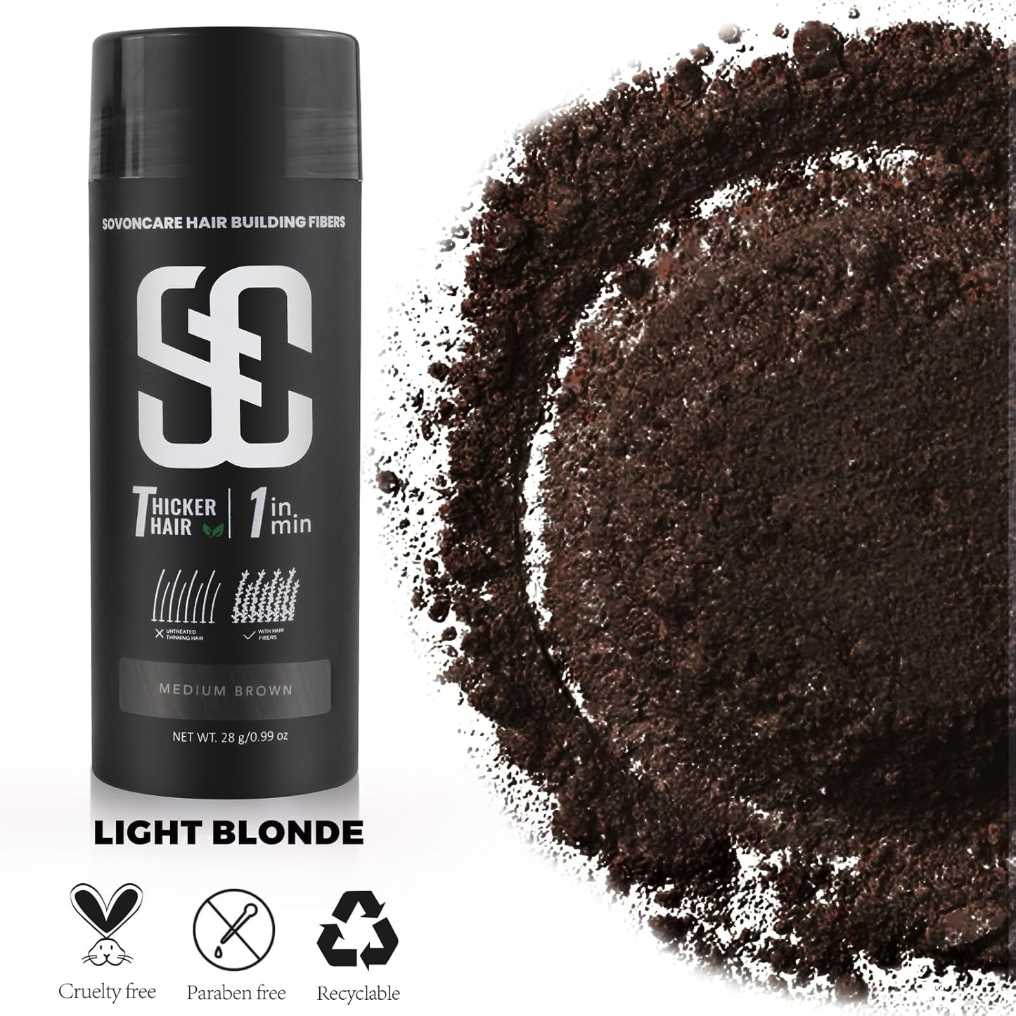 SOVONCARE Hair Fibers for Thinning Hair Medium Brown, Hair Building Fibers for Bald Spots Undetectable & Natural, Conceals Hair Loss Fill In Fine Hair Powder Hair Thicker Instantly for Women & Men 28g