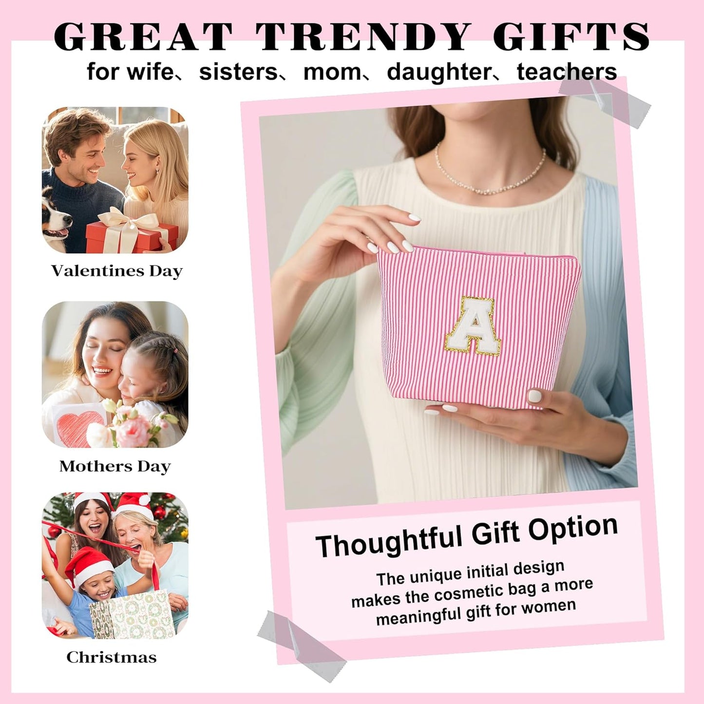 Initial Makeup Bag for Women - Travel Pouch, Portable Cosmetic Bag Make up Kit Pouch | Travel Essentials Cute Makeup Bag Birthday Gifts for Women, Pink Letter T