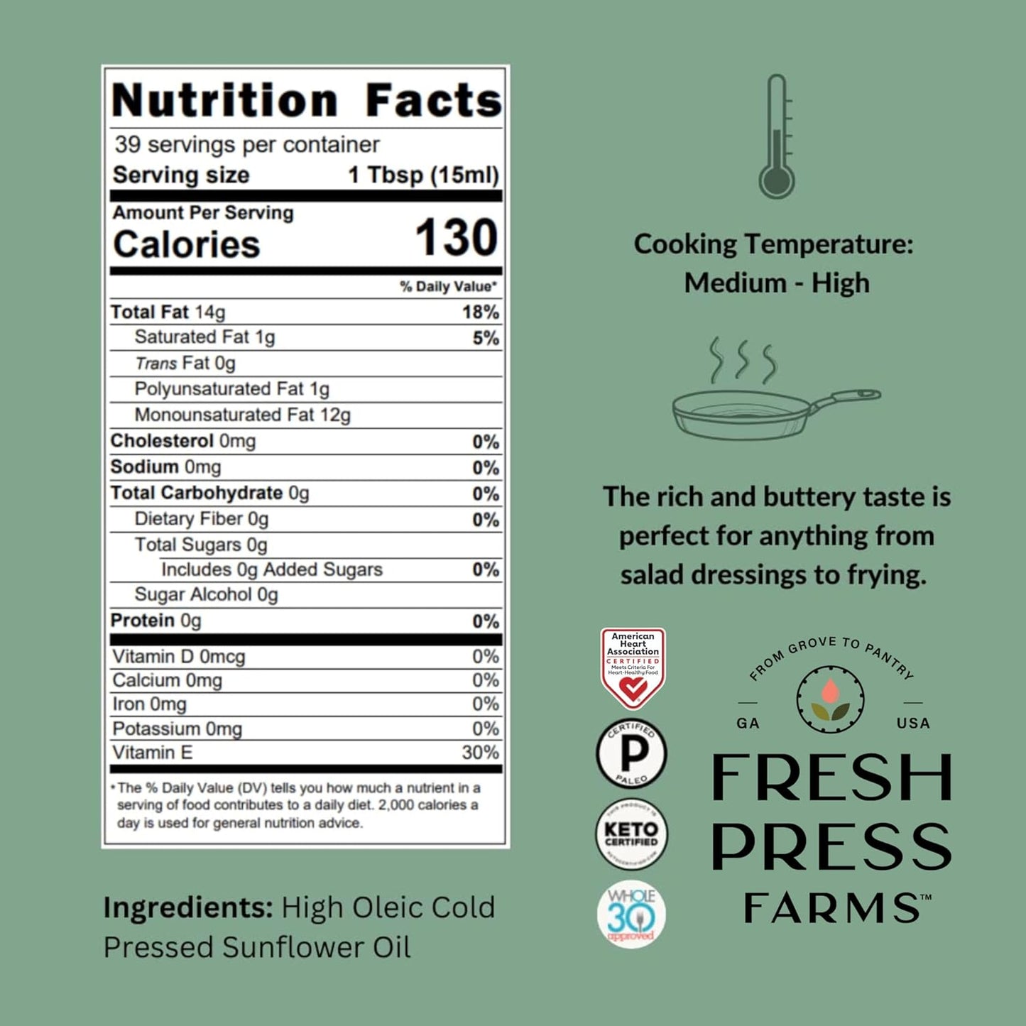 Fresh Press Farms Cold Pressed Extra Virgin Sunflower Oil, 16.4 Fl Oz (Pack of 2), High Oleic, Georgia Grown, 100% American Made, Unrefined, Certified Whole30, Non-GMO, Keto, Paleo, Gluten Free