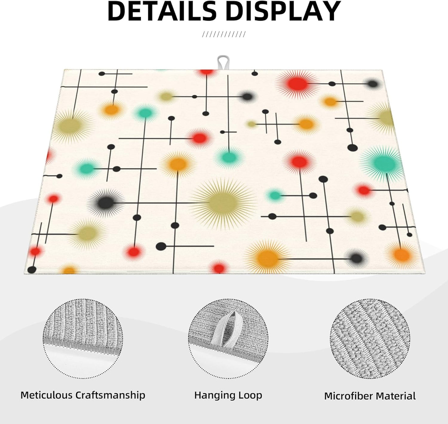 Mid Century Modern Dish Drying Mat for Kitchen Counter Abstract Modern Absorbent Reversible Atomic Retro Drying Pad Yellow Decor Dish Drainer Rack Mats 18"x24"
