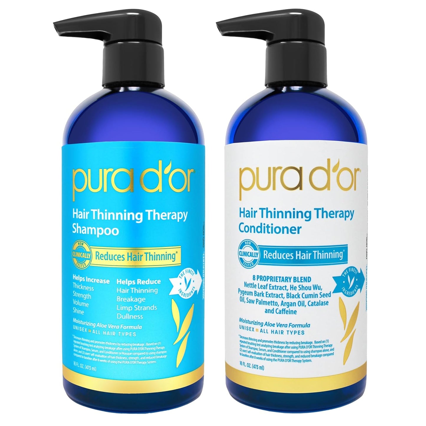 PURA D'OR Hair Thinning Therapy Biotin Shampoo and Conditioner Set, CLINICALLY TESTED Effective Results, Hair Thickening Products For Women & Men, Natural Routine, Color Safe, 16oz x2