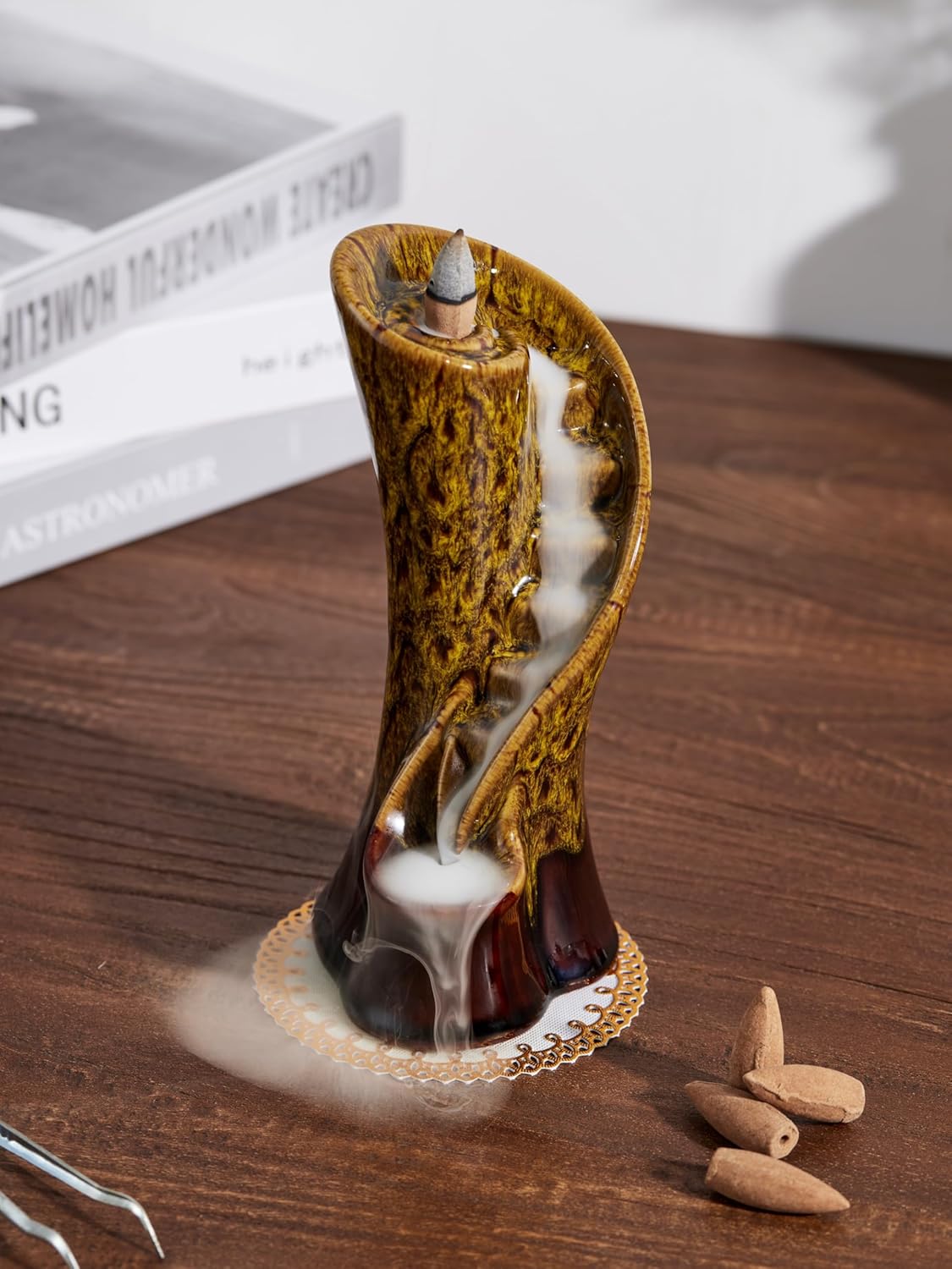 Unique Cloud Stairs Ceramic Waterfall Incense Holder, Paired with a Pack of Backflow Incense Cones. (Fambe Yellow)