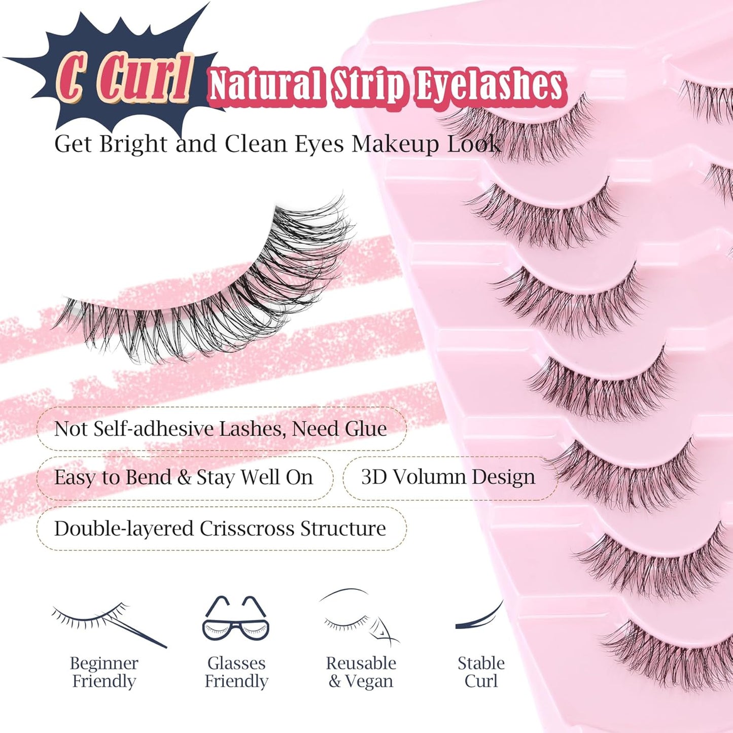 Lashes Natural Look False Eyelashes Wispy 13mm Eye Lashes Pack with Thin Cotton Band C Curl Fake Eyelashes 3D Volume For Daily Siligli Lash 7 Pair