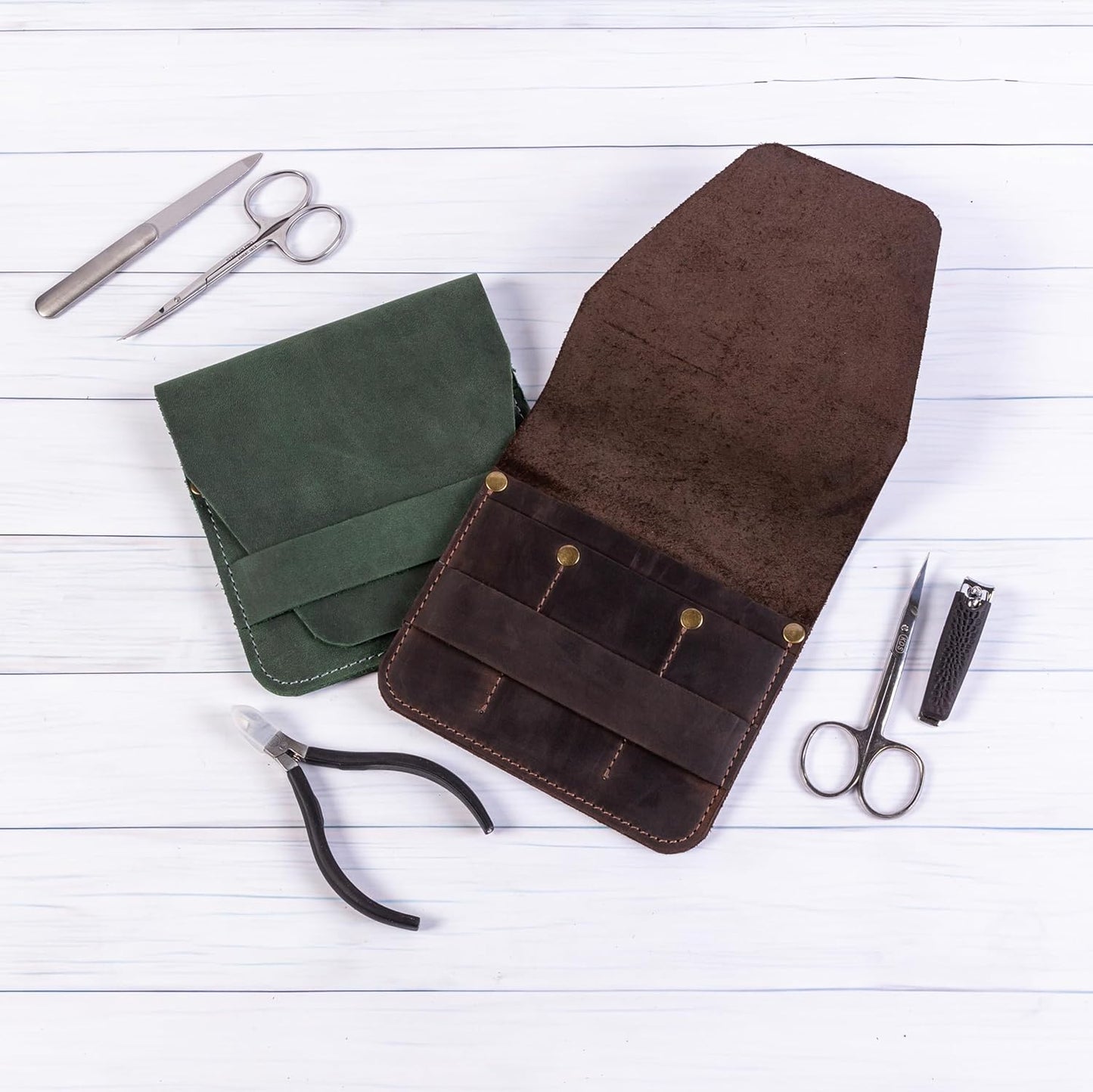 Leather Manicure Set Case Grooming Kit Organizer (Atlantic Deep Green)