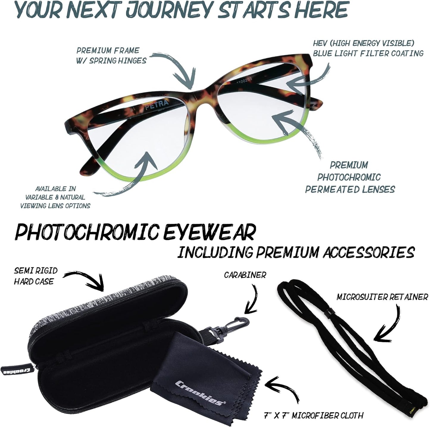 Croakies Petra Photochromic Progressive Eyewear | UV400 Sunglass for Outdoor | Bluelight Eyeglass for HEV Devices | Bundle