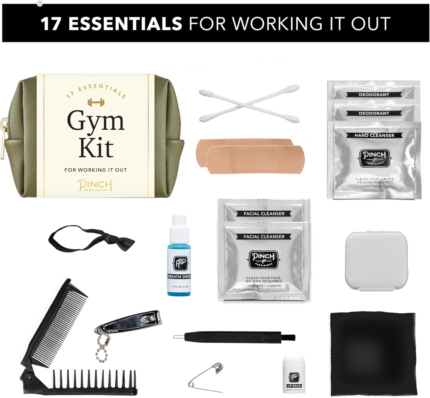 Pinch Provisions Gym Kit, includes 15 Personal Care Essentials for Wellness & Beauty, Perfect for Gifts, Gym Bags, Duffle Bags & Lockers (Olive)