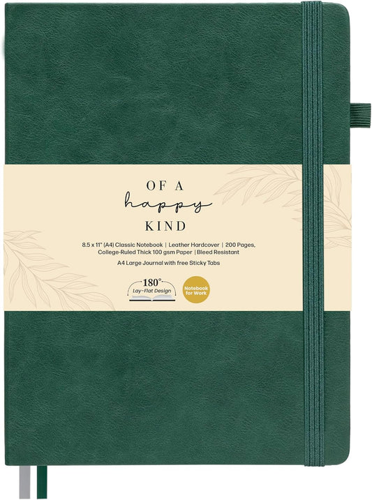Classic Lined Journal Notebook 8.5x11" A4 Hardcover Leather - Green - 200 Pages College Ruled Large with Sticky Tabs, Pockets, and Pen Loop for Writing and Journaling - Big Hardback Men and Women