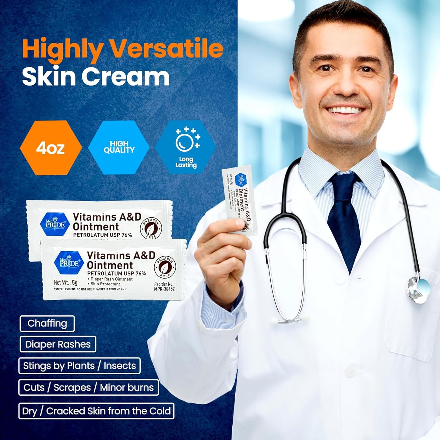 MED PRIDE Vitamins A&D Ointment Packets for Skin Relief -Vitamin A & D Skin Protectant Ointment, 5g Packets, 144-Count, for Body Chaffing, Diaper Rash, Cuts, Dry-Cracked Hands/Feet/Face