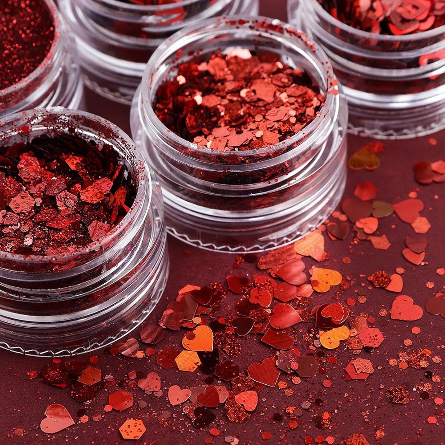 Heart Nail Art Glitter Red Valentines Day Nail Sequins Flakes, Red Manicure fine Glitter Powder, 3D Holographic Round Hexagon Nail Stickers Decals Supplies Nail Charms for Women 6 Box